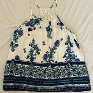 Blue Rain Floral Lace Tank Top Blue & White Women’s Size Large